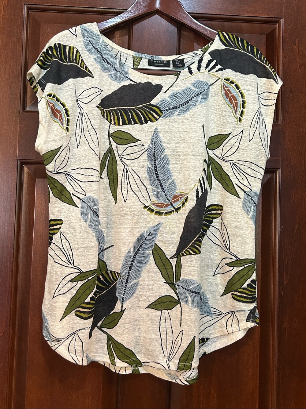 Tahari 100% Linen Botanical Print Top Women’s Large Green Ivory